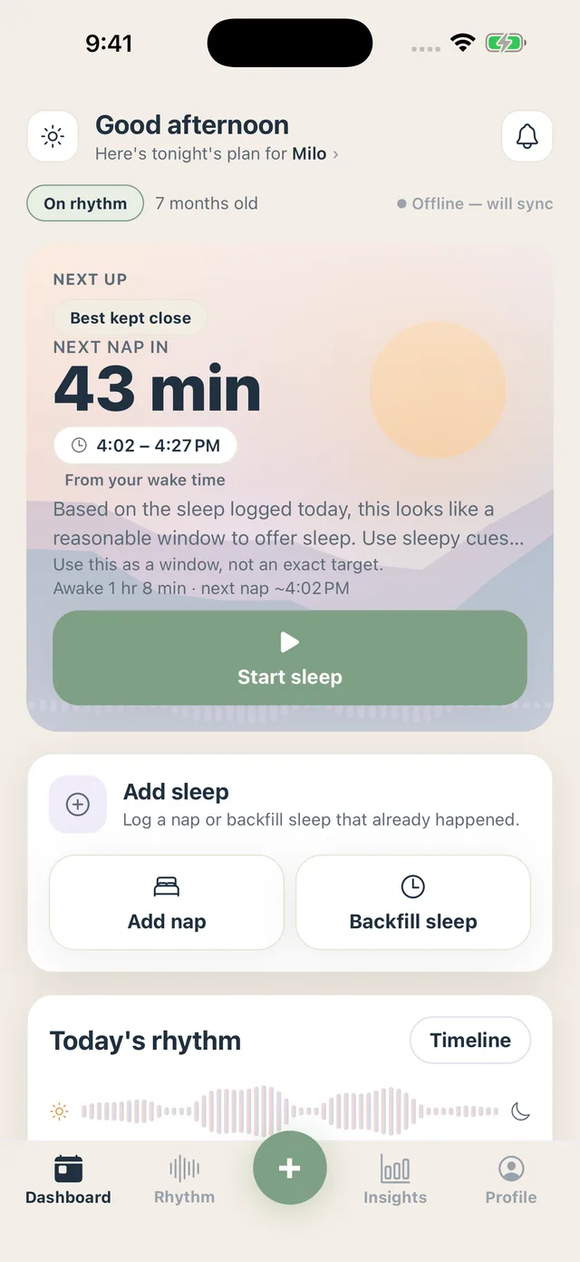 Tiny Rhythm app dashboard showing a countdown to the next nap, today’s rhythm timeline, and quick add-sleep actions