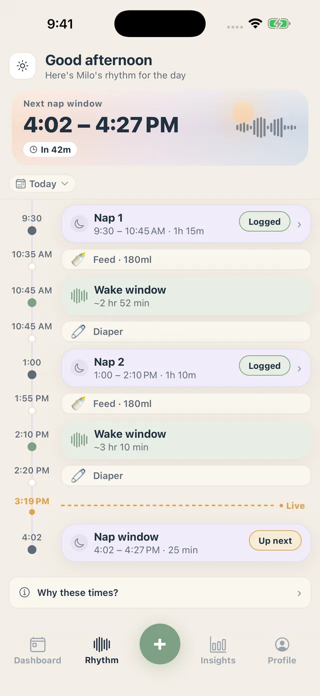 Tiny Rhythm app rhythm screen showing today’s naps, feeds, and wake windows on a timeline